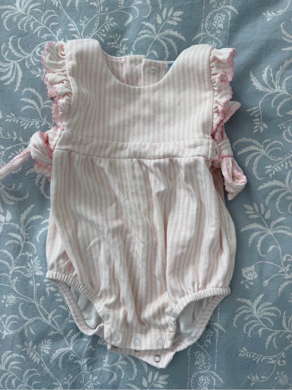 Bella Bliss Pink and White Striped Infant Romper with Ruffle Detail
